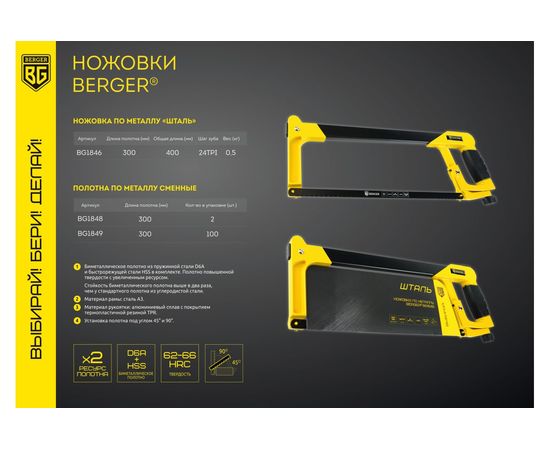  Ножовка по металлу BERGER BG1846 300мм, биметаллическое полотно, 24TPI 