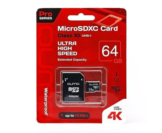  Карта флэш-памяти MicroSD 64 Гб Qumo +SD адаптер Pro seria UHS-1 U3 