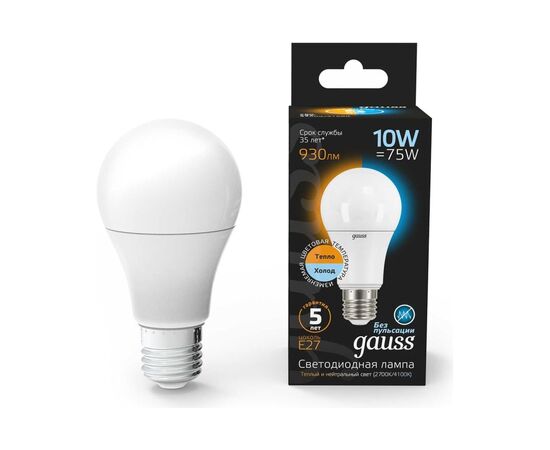  Лампа светодиодная Gauss A60 102502110-T 10Вт цок.E27 груша 220B 2700K св.свечения белый теплый уп/1шт 