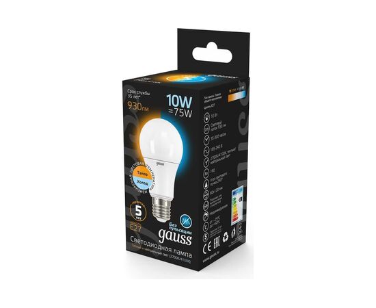  Лампа светодиодная Gauss A60 102502110-T 10Вт цок.E27 груша 220B 2700K св.свечения белый теплый уп/1шт 