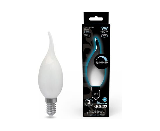  Лампа светодиодная Gauss Filament 104201209-D 9Вт цок.E14 свеча 220B 4100K св.свечения белый нейтральный уп/10шт 