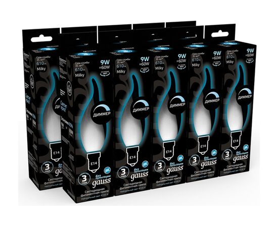  Лампа светодиодная Gauss Filament 104201209-D 9Вт цок.E14 свеча 220B 4100K св.свечения белый нейтральный уп/10шт 