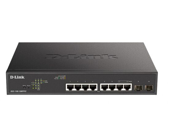  Коммутатор D-Link DGS-1100-10MPPV2/A3A, with 8 ports 10/100/1000Base-T and 2 ports 1000Base-X SFP (6 PoE ports 802.3af/802.3at (30 W) 