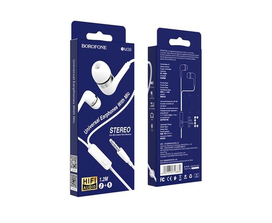  Наушники вакуумные для AUX разъема с микрофоном  длина 1.2м Borofone BM39 (White) 