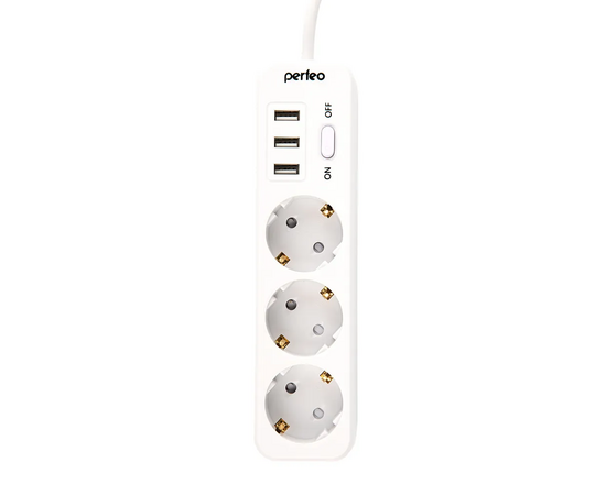  Сетевой фильт Perfeoр "POWER STREAM", 2500W, двойная защита, 4м, 3 розетки, 3 USB, белый. 