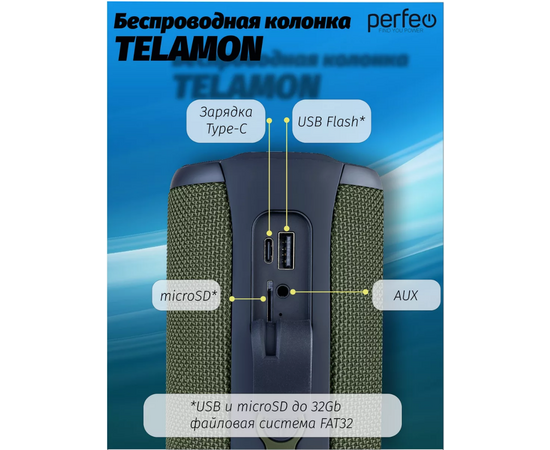  Блютуз колонка Perfeo  "TELAMON" FM, MP3 USB/TF, AUX, TWS, LED, HF, 40Вт, 4400mAh, зелёный 