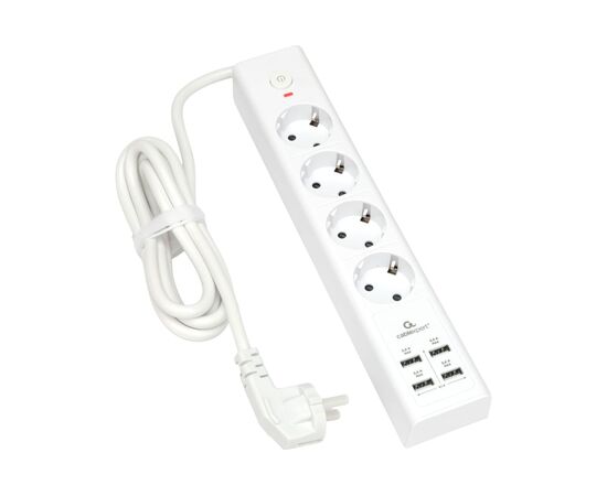  Сетевой фильтр Cablexpert Exnovo EXN-4-U4-W-2 белый, Макс мощность 2500Вт, 4 розетки 220В, 10А, 4 розетки USB-A 5В 2,4А, кабель 2м, ур.защиты 4+ 